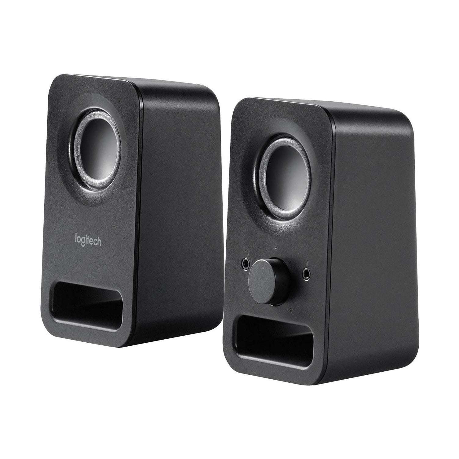 Pair of black stereo speakers, angled view with bass drivers and front ports
