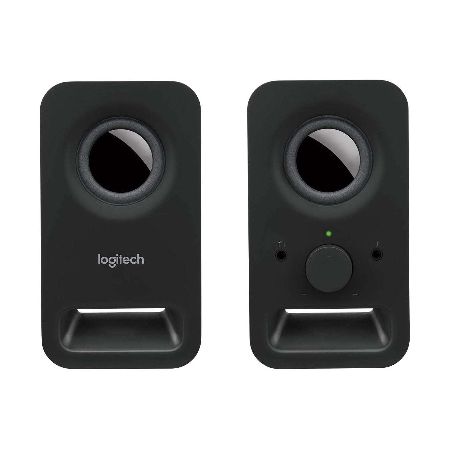 Black stereo speaker pair, front view with bass drivers and volume dial