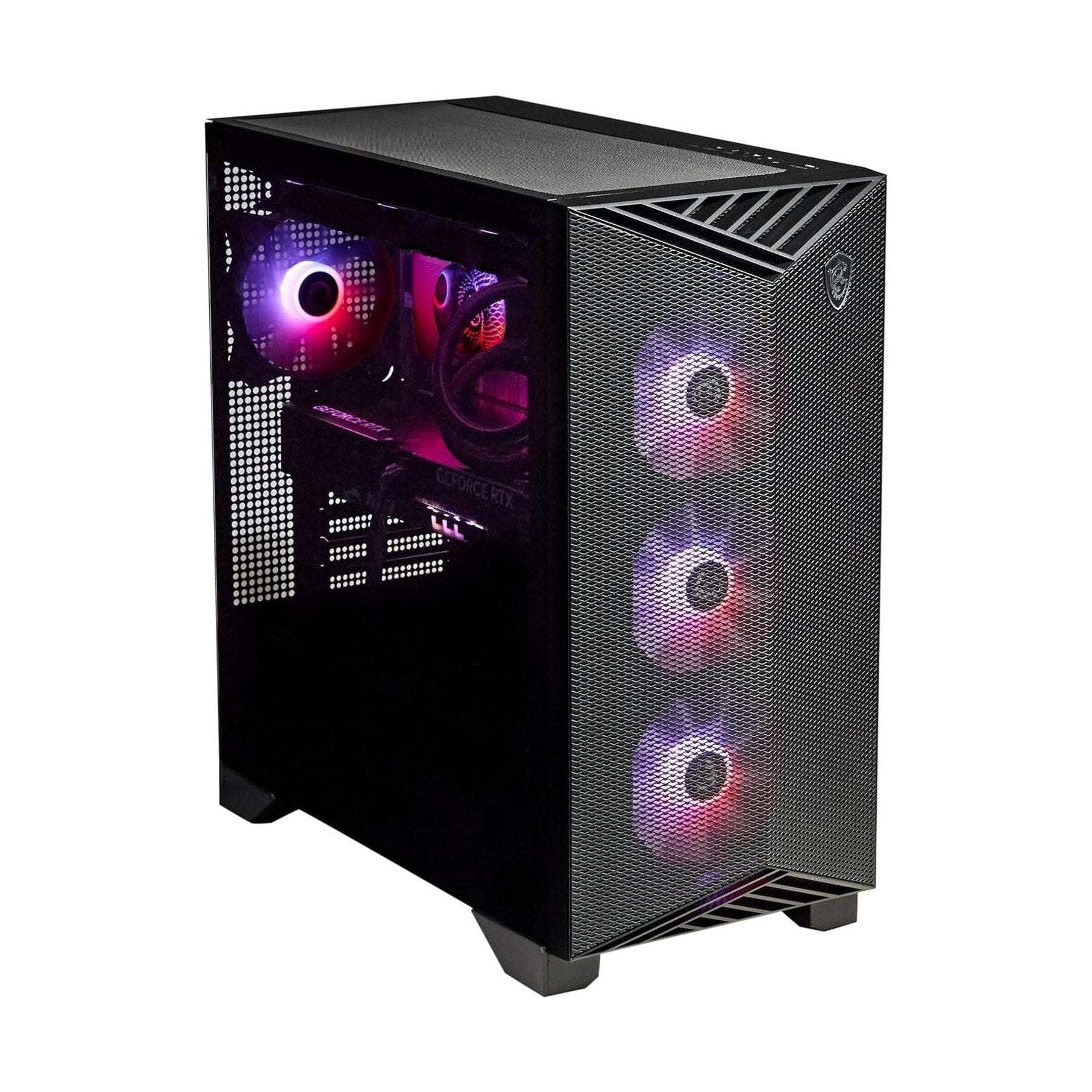 Black gaming desktop with side mesh panel and purple RGB case fans