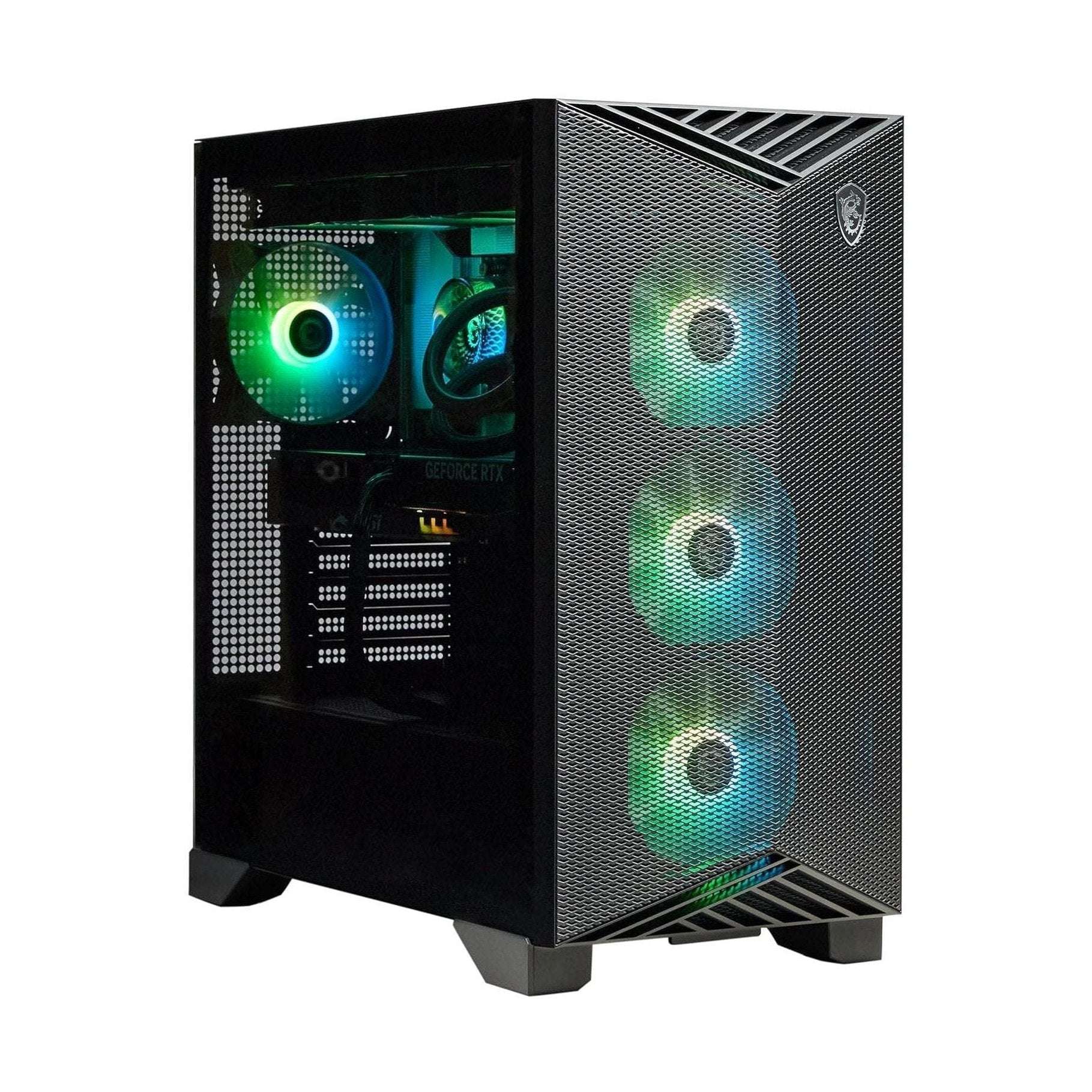 Black gaming desktop with side mesh panel and green-blue RGB case fans