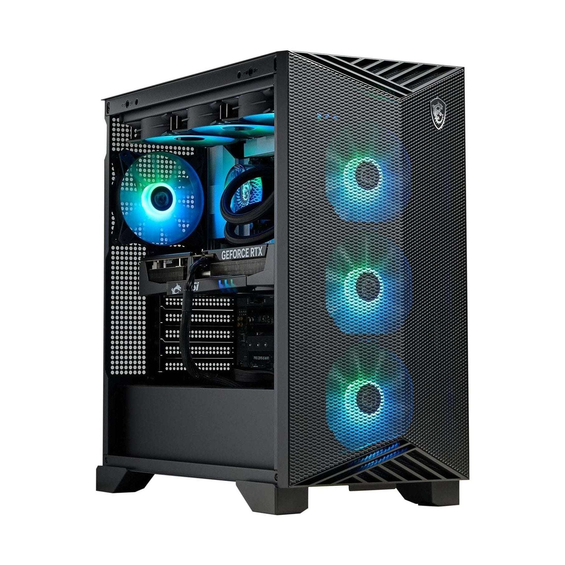Black gaming desktop with side mesh panel and blue RGB case fans, angled view