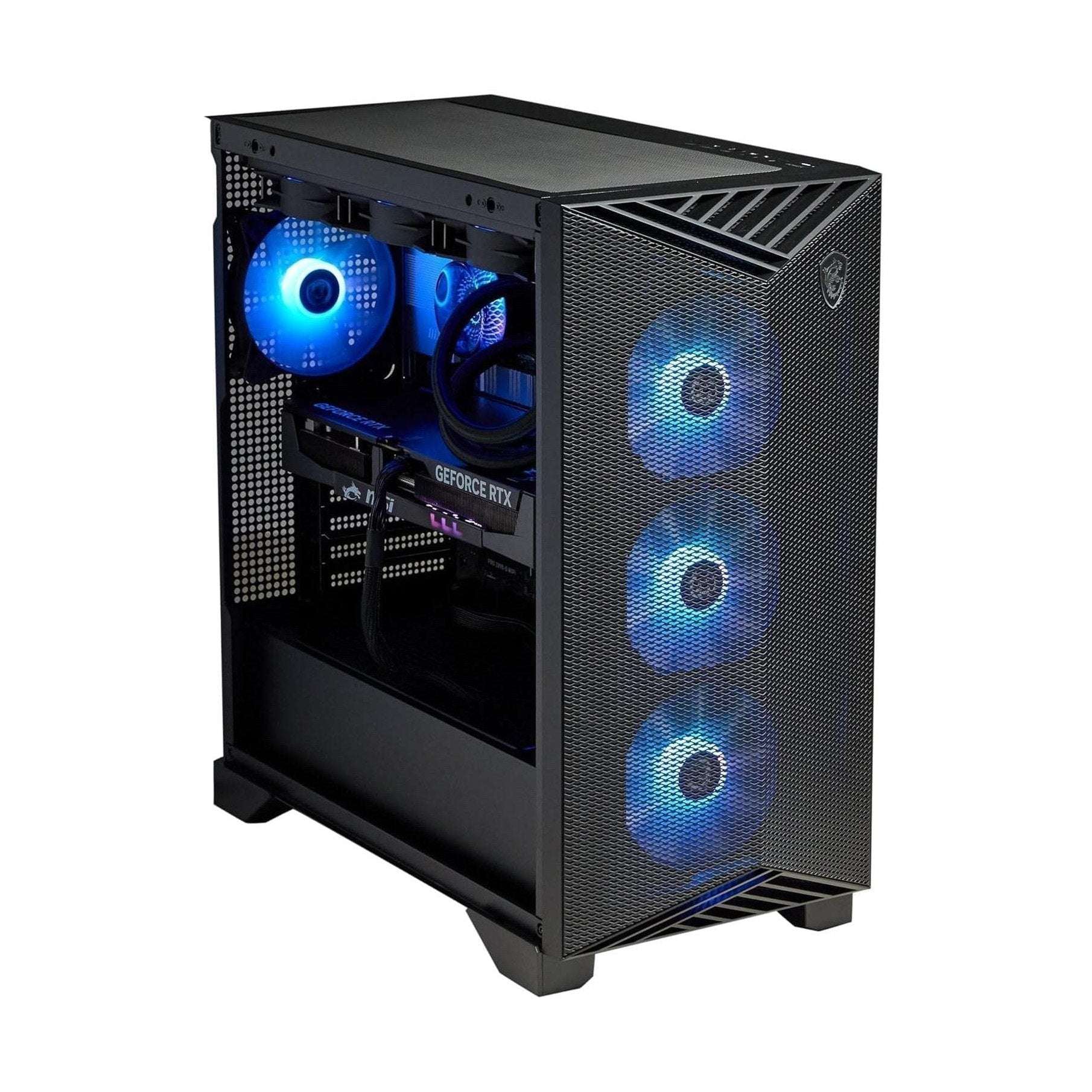 Black gaming desktop with side mesh panel and blue LED case fans