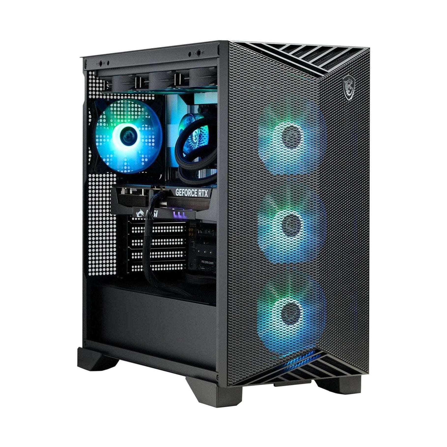 Black gaming desktop with side panel and blue RGB fans inside