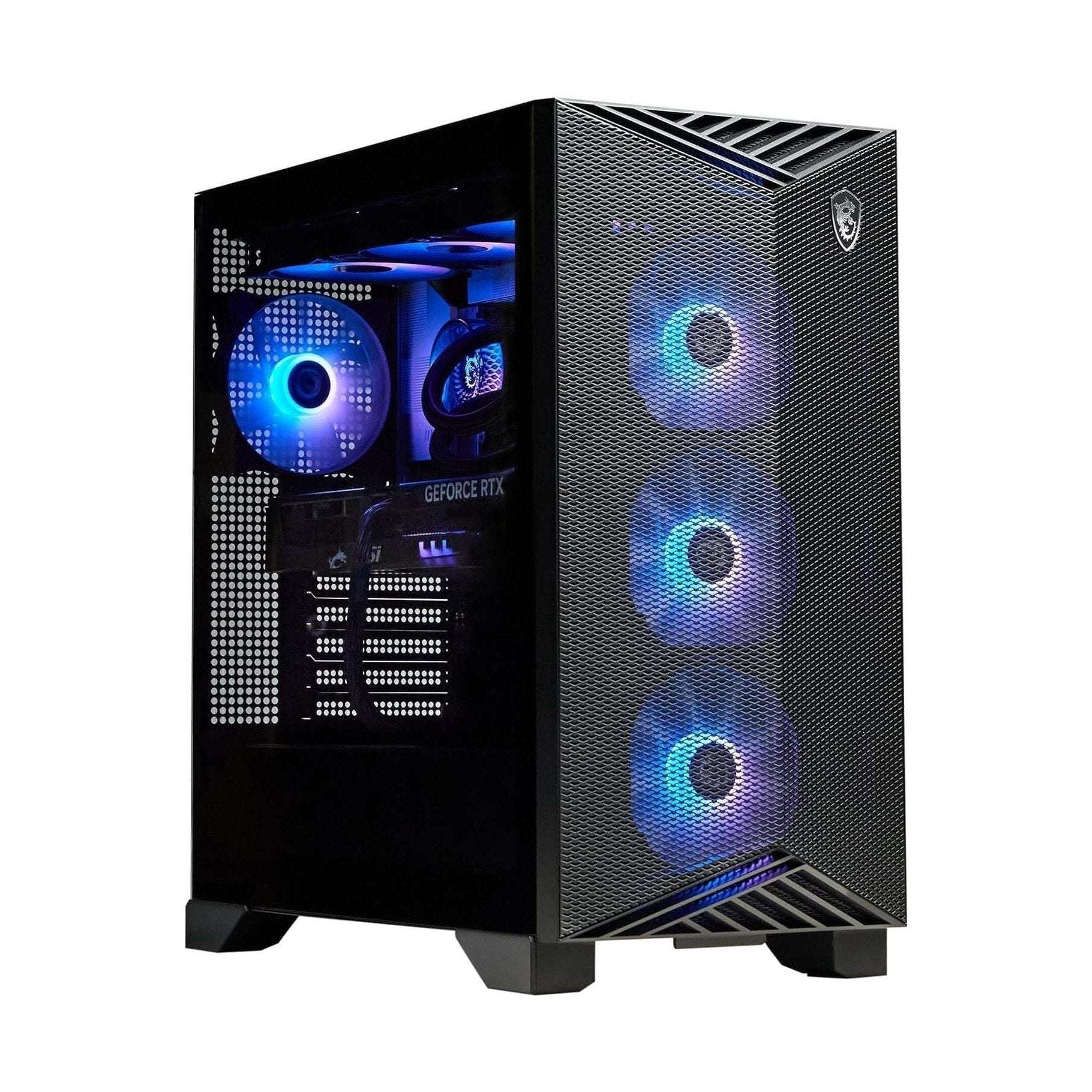Black gaming desktop with side mesh panel and blue RGB case fans