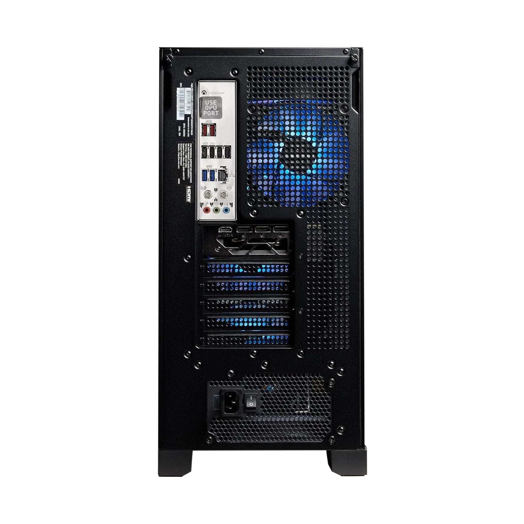 Black gaming desktop rear view with I/O ports and expansion slots