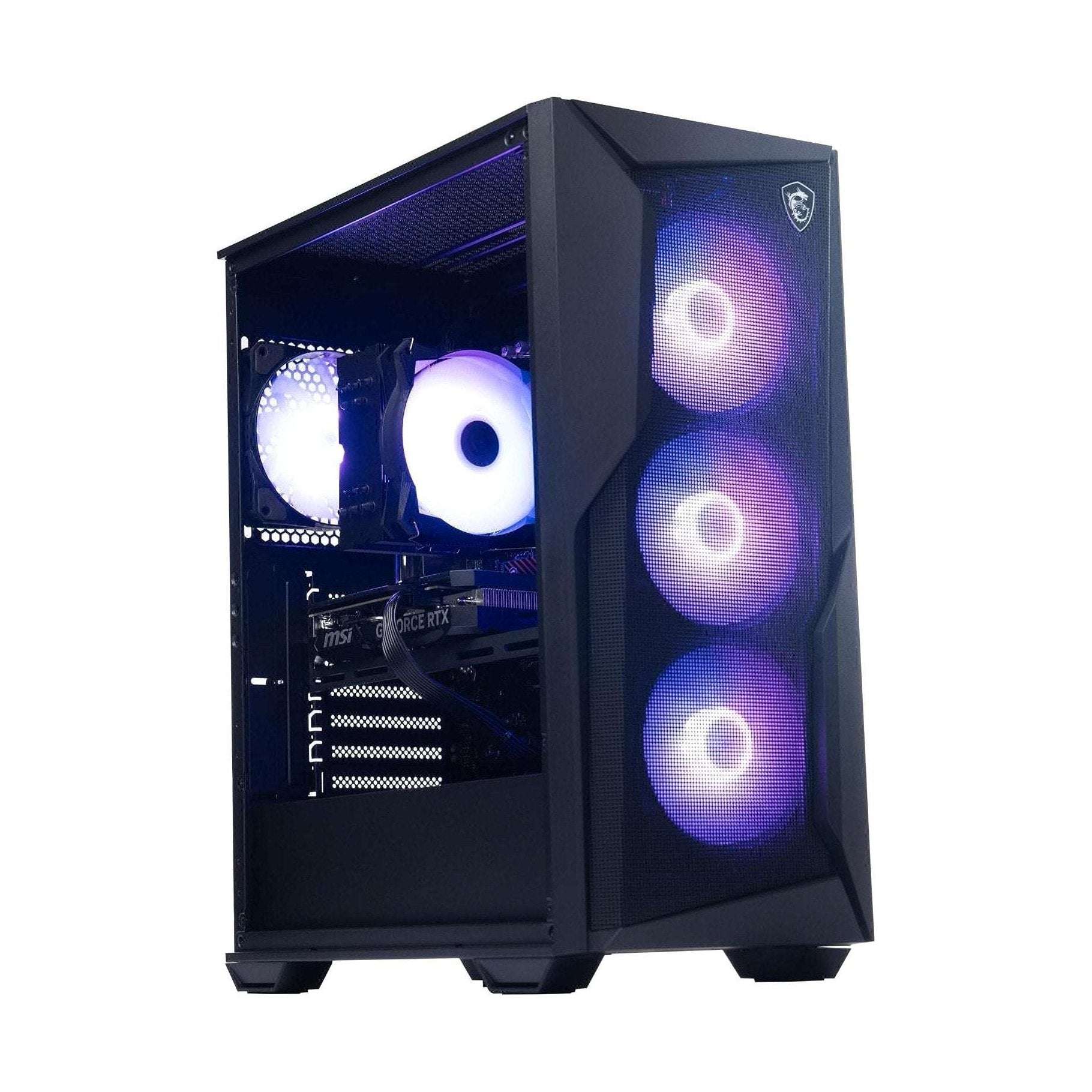 Black gaming desktop tower with RGB front fans and transparent side window, MSI badge.