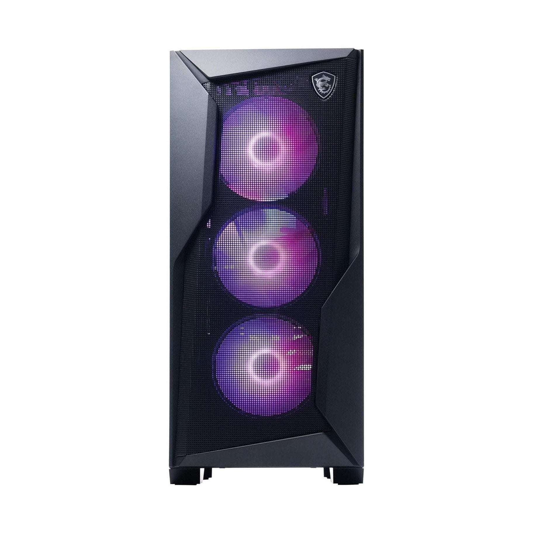 Black gaming desktop with three purple RGB-lit front fans and MSI shield badge on top.