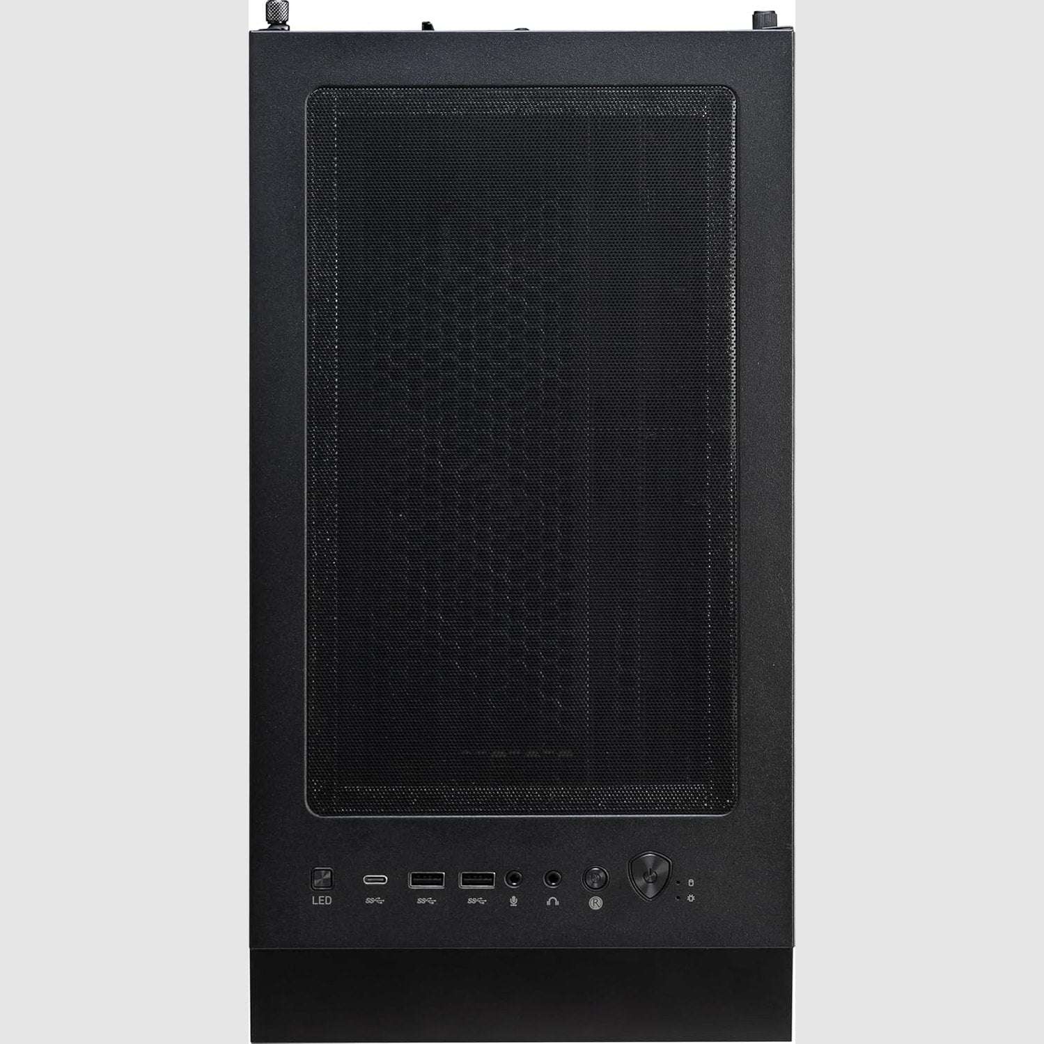 Black gaming desktop front panel with mesh window and front I/O ports.