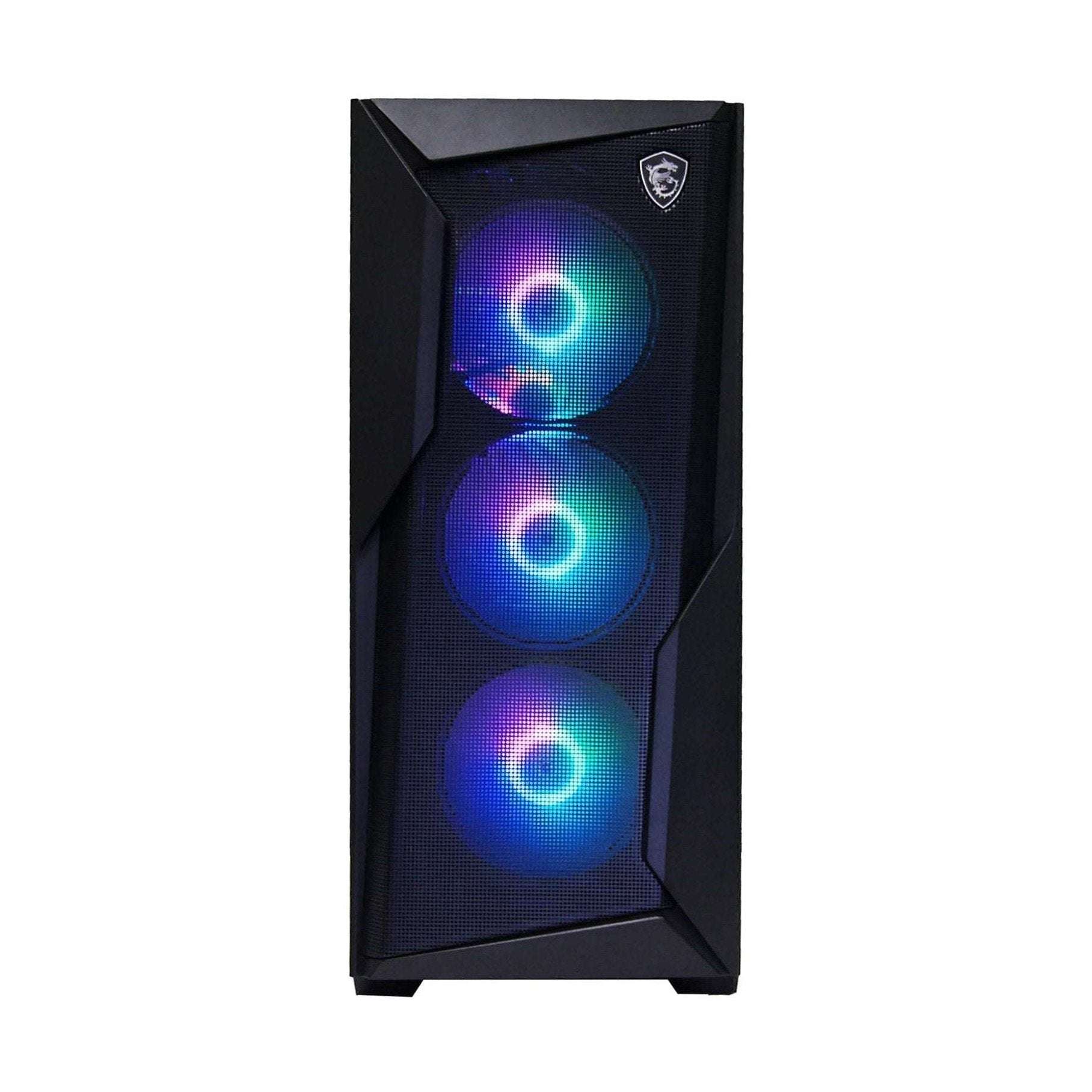 Black gaming desktop tower with three front RGB fans and MSI shield badge on top.