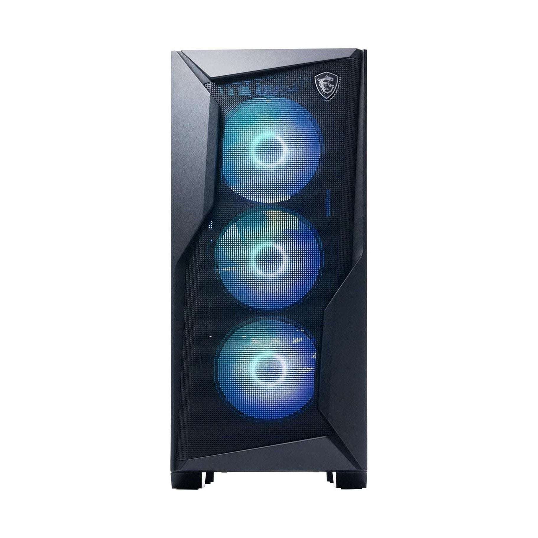 Black gaming desktop with three blue RGB-lit front fans and MSI shield badge.