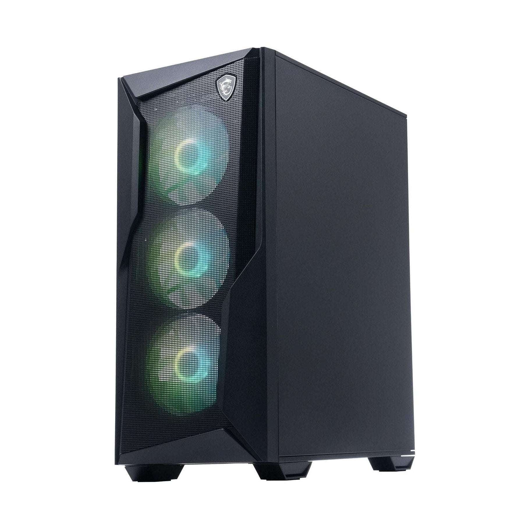 Black gaming desktop with RGB front fans and angular side panel, MSI shield on corner.