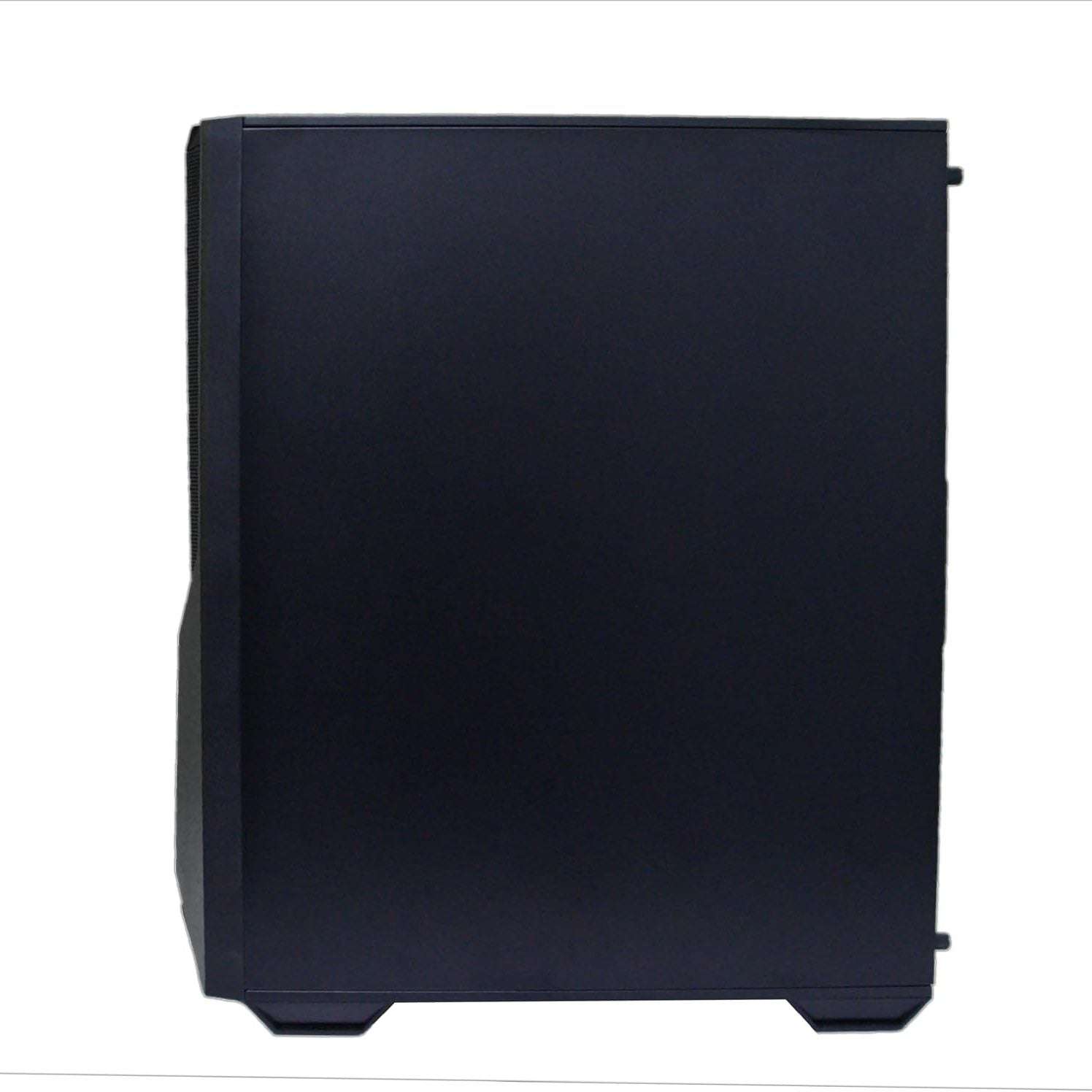 Black gaming desktop case panel, clean side view with mesh edge detailing.