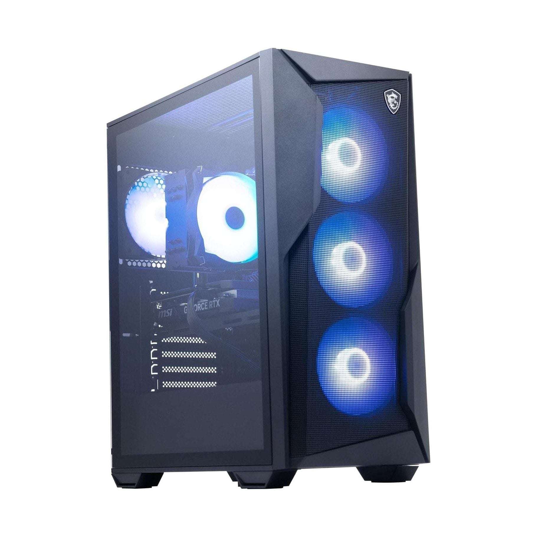 Black gaming desktop with glass side panel and RGB-lit interior fans on front.