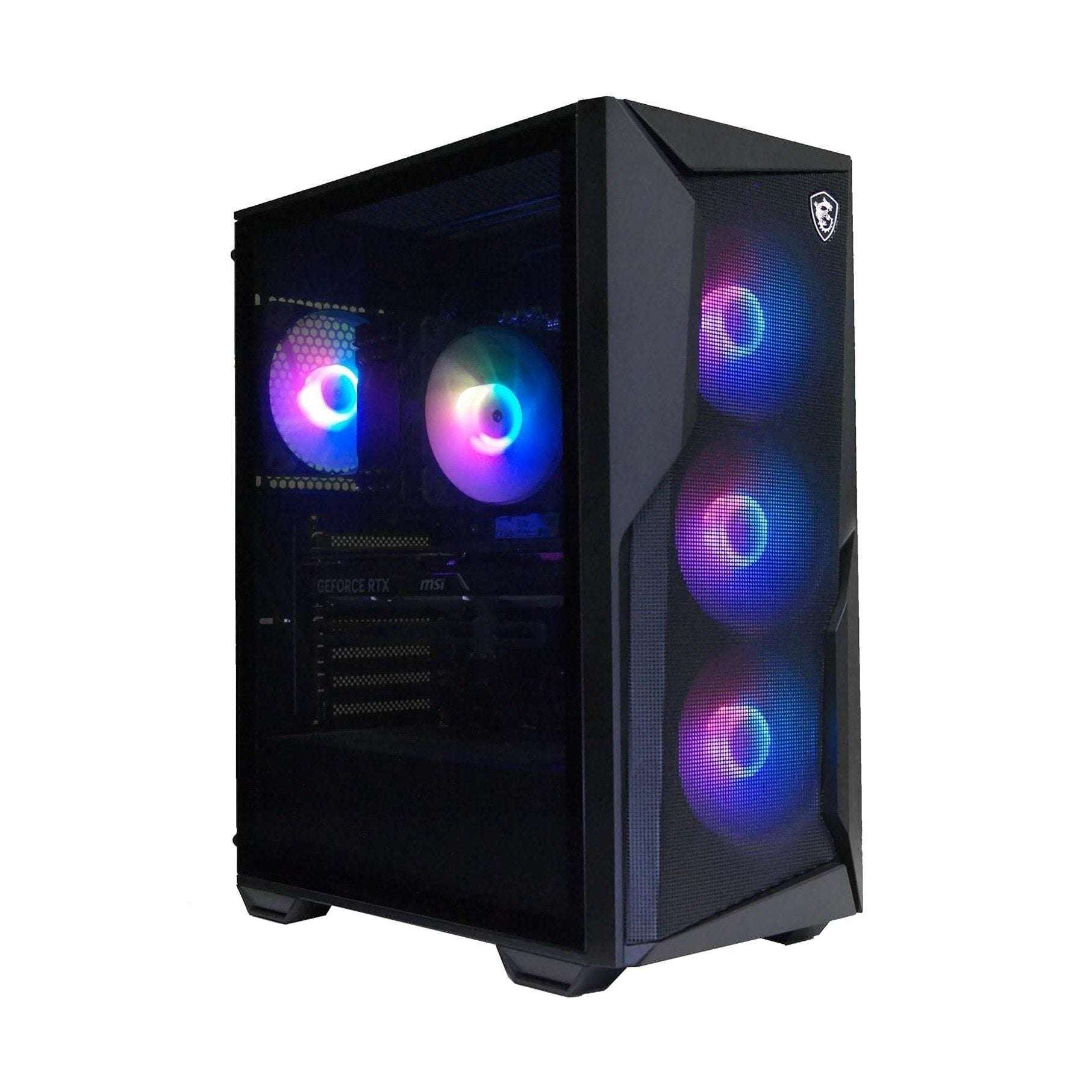 Black gaming desktop with RGB-lit front fans and open side window, MSI logo on top.