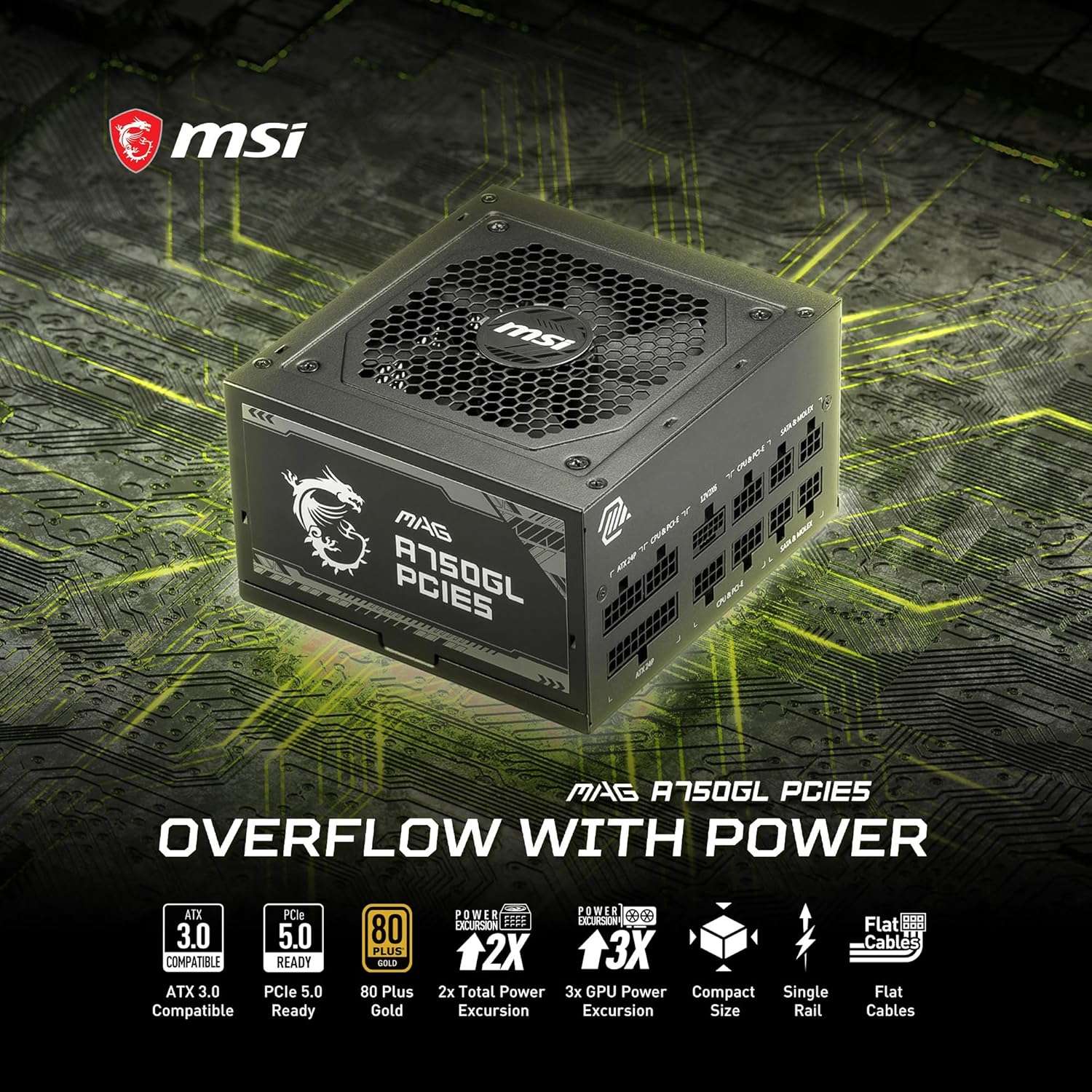 MSI MAG A750GL 750W power supply with vented top and labeled side