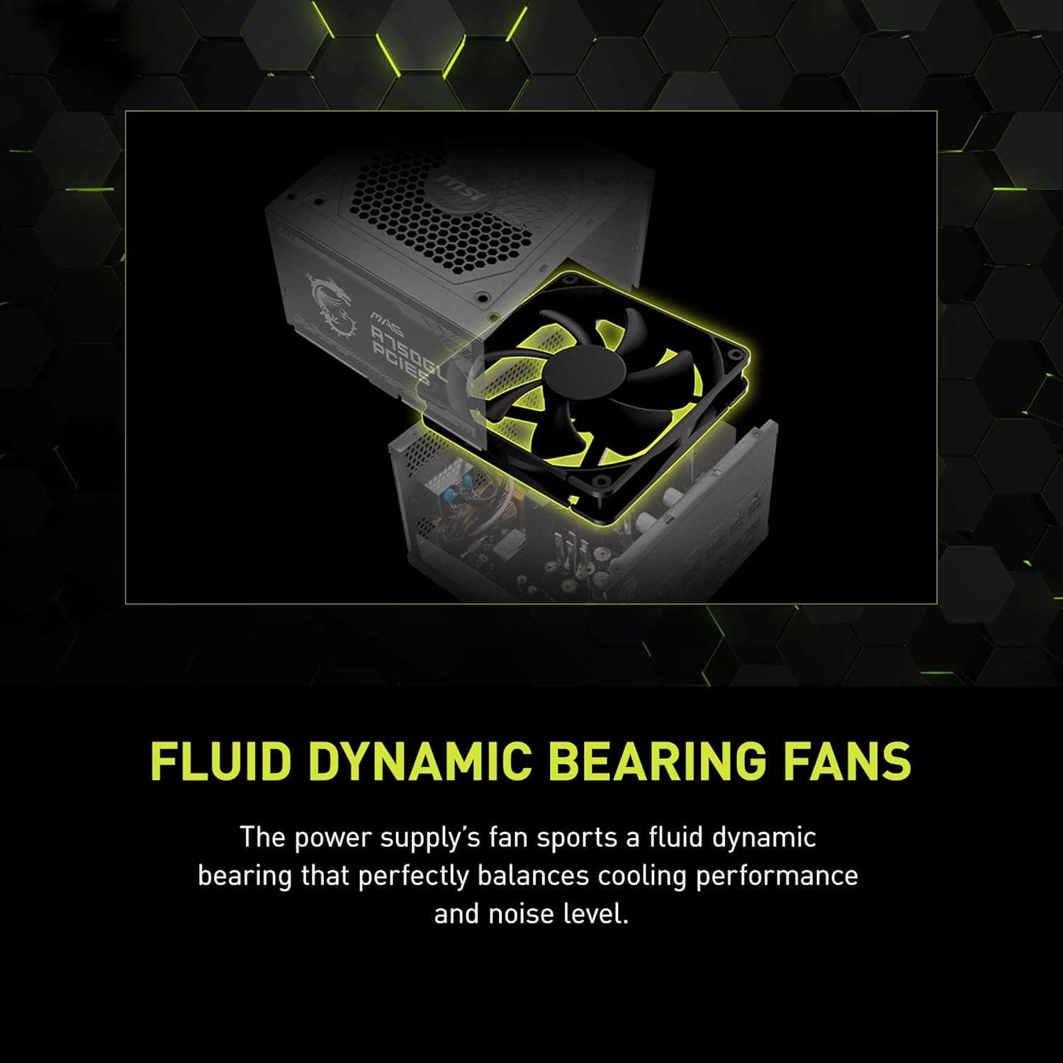 MSI MAG A750GL 750W power supply fan side close-up with protective grille