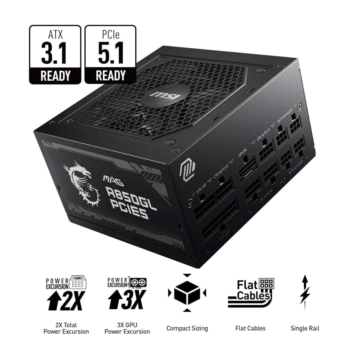 MSI MAG A850GL Gaming Power Supply 850W 80+ Gold ATX 3.1 PCIe 5.1 - Black