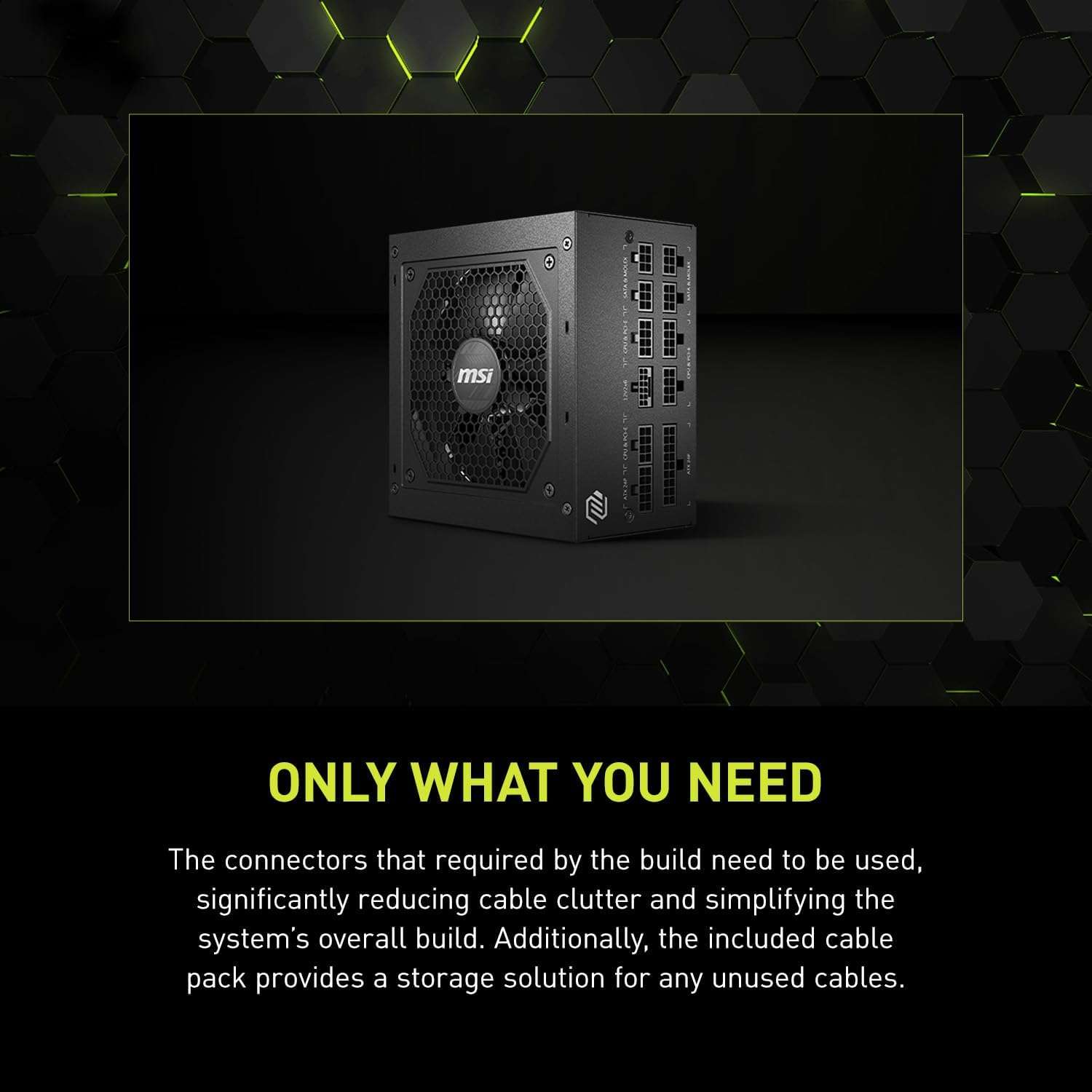 Black power supply unit shown from a rear angle with port panel and MSI branding
