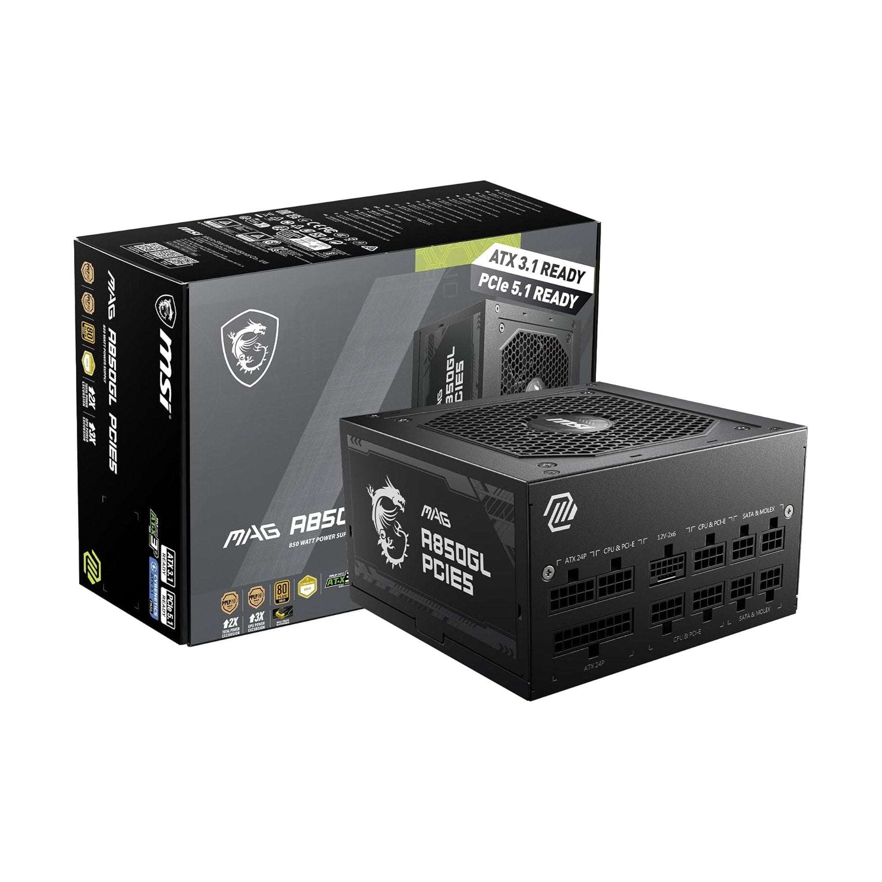 Black gaming ATX power supply with MAG branding, ATX 3.1 and PCIe 5.1 ready badges