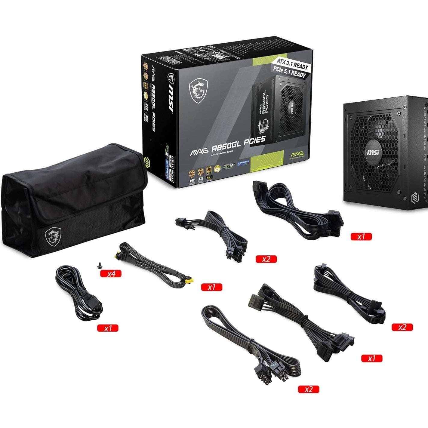 Black power supply package with included cables, small accessory bag, and product box