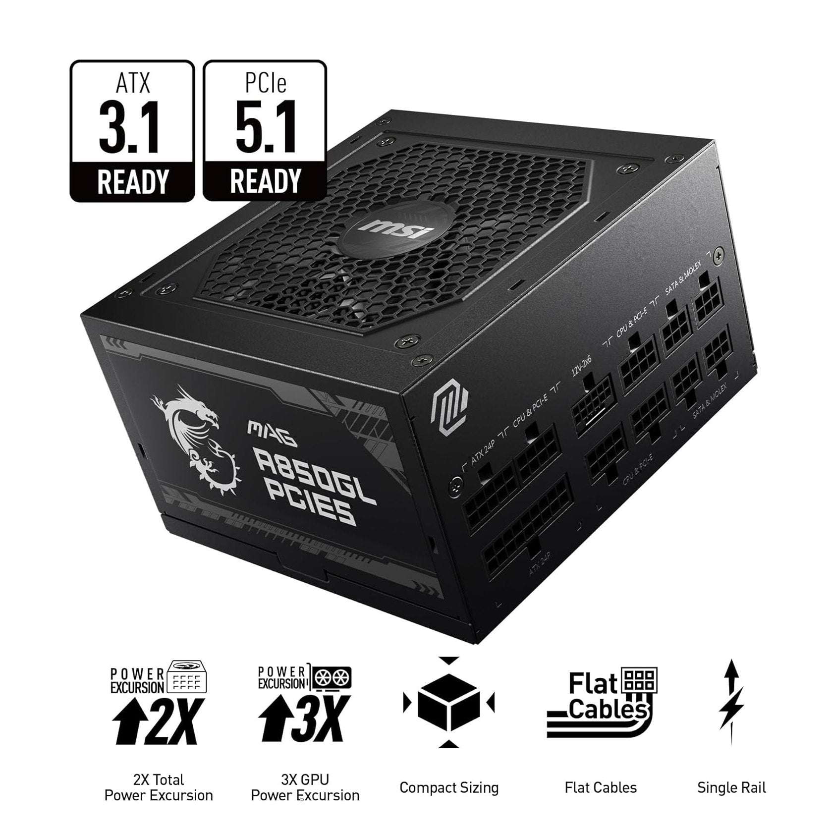 Black power supply unit, angled view, ATX 3.1 and PCIe 5.1 ready, vented top