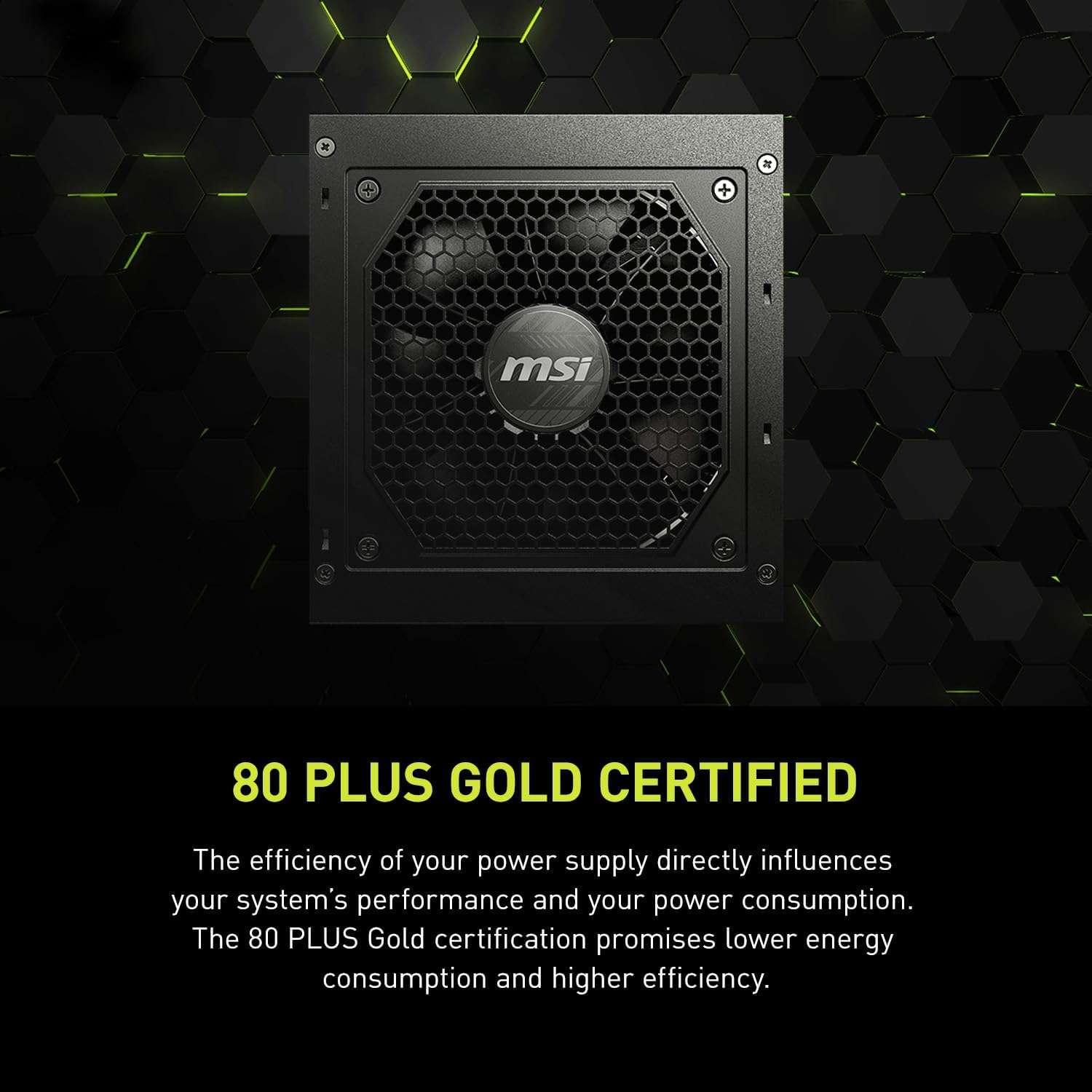 PSU rear fan-side view with hexagonal metal grille and MSI emblem on black casing