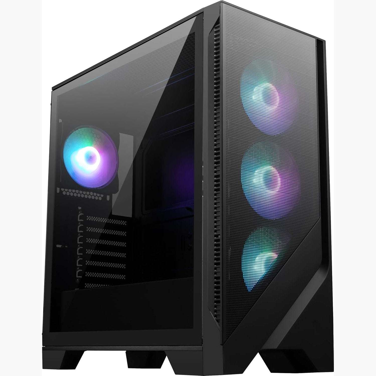 Black mid-tower PC case with tempered glass side window and RGB-lit fans