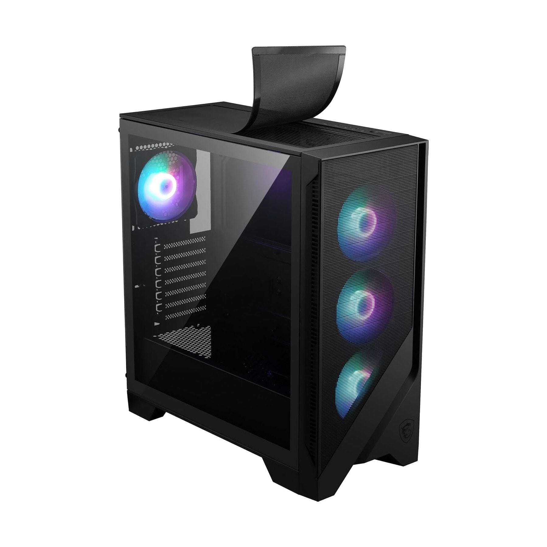 Black mid-tower PC case with tempered glass side and three RGB fans