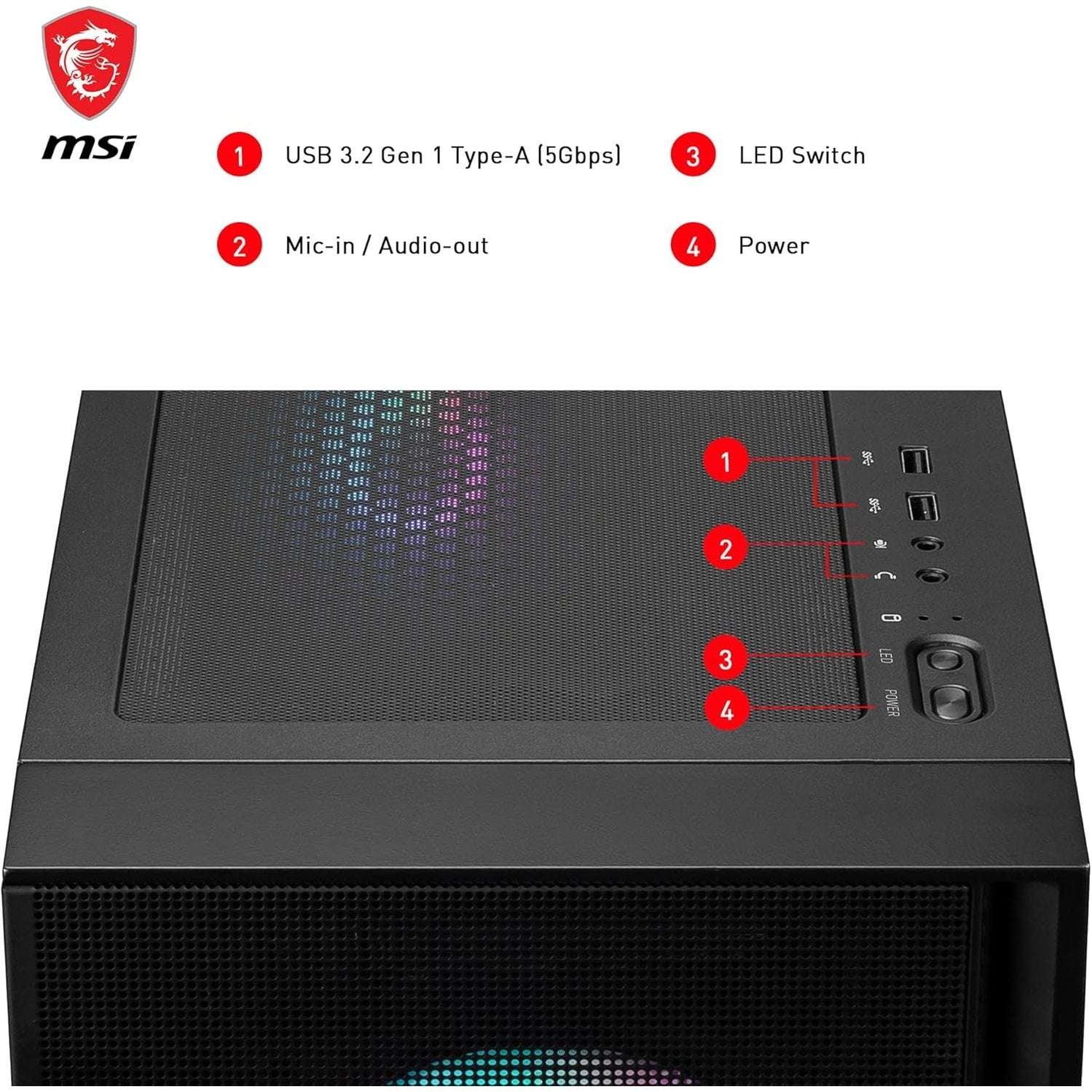 Black mid-tower PC case front I/O panel with USB and power button