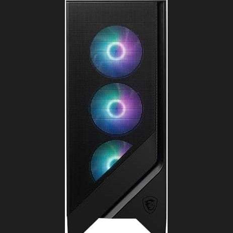 Black mid-tower PC case with tempered glass and three RGB fans on the side