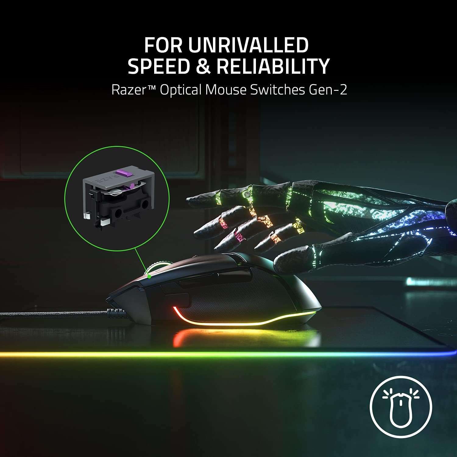 Black wired gaming mouse with RGB light strip and highlighted optical switch diagram