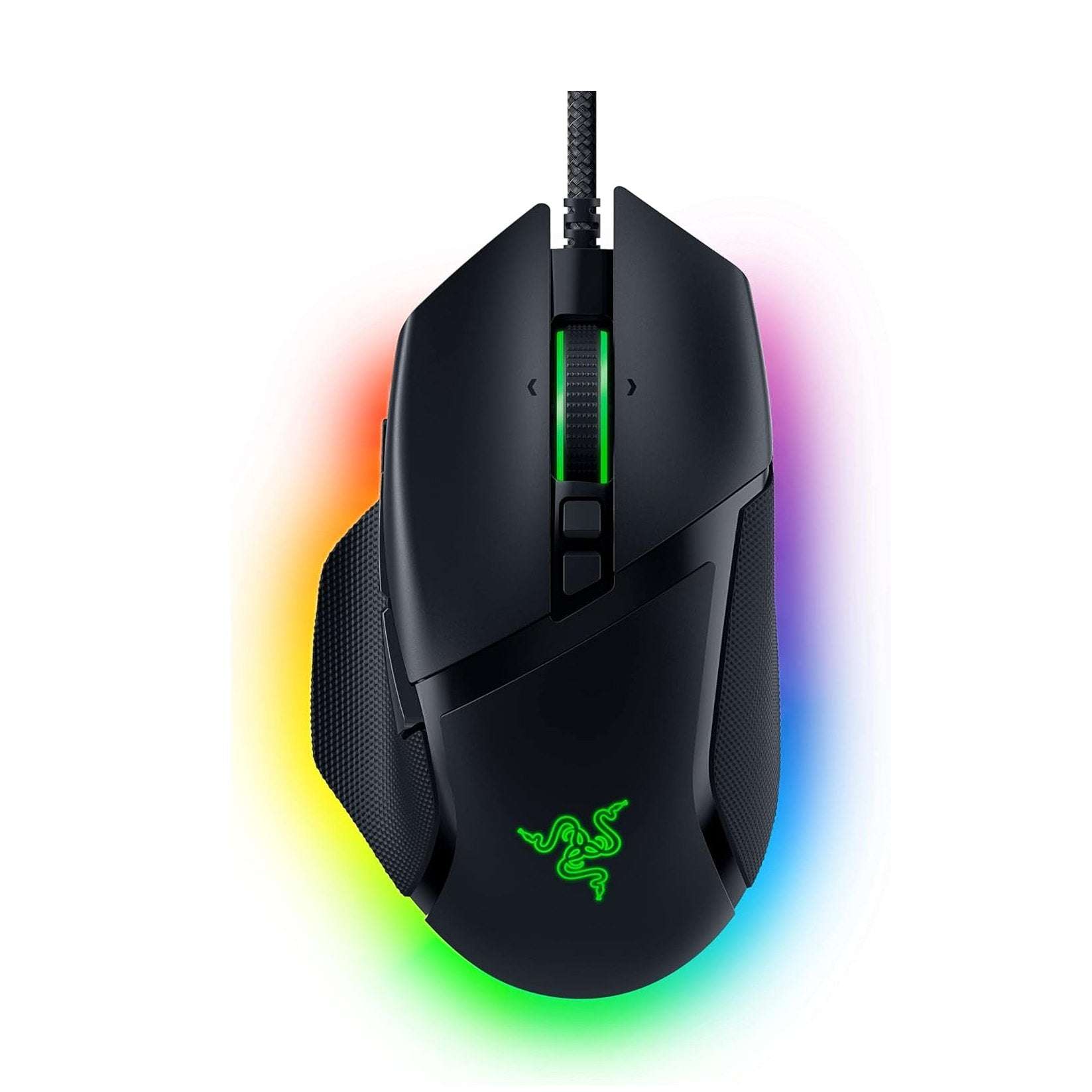 Black wired gaming mouse with RGB-lit logo and textured side grip