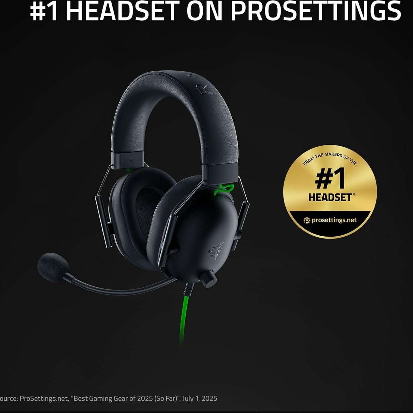 Black over-ear gaming headset with boom microphone and green detail on the earcups