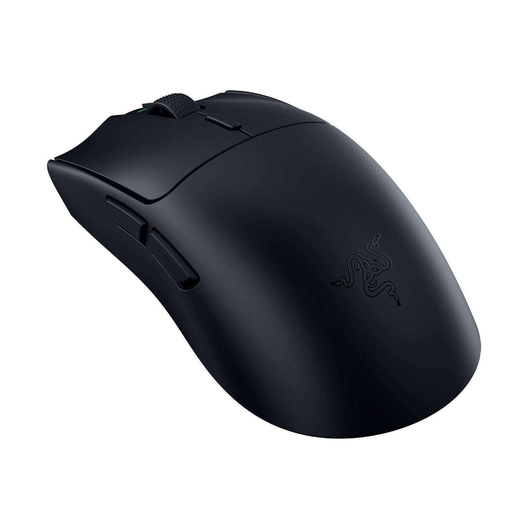 Black lightweight gaming mouse side view with textured grip