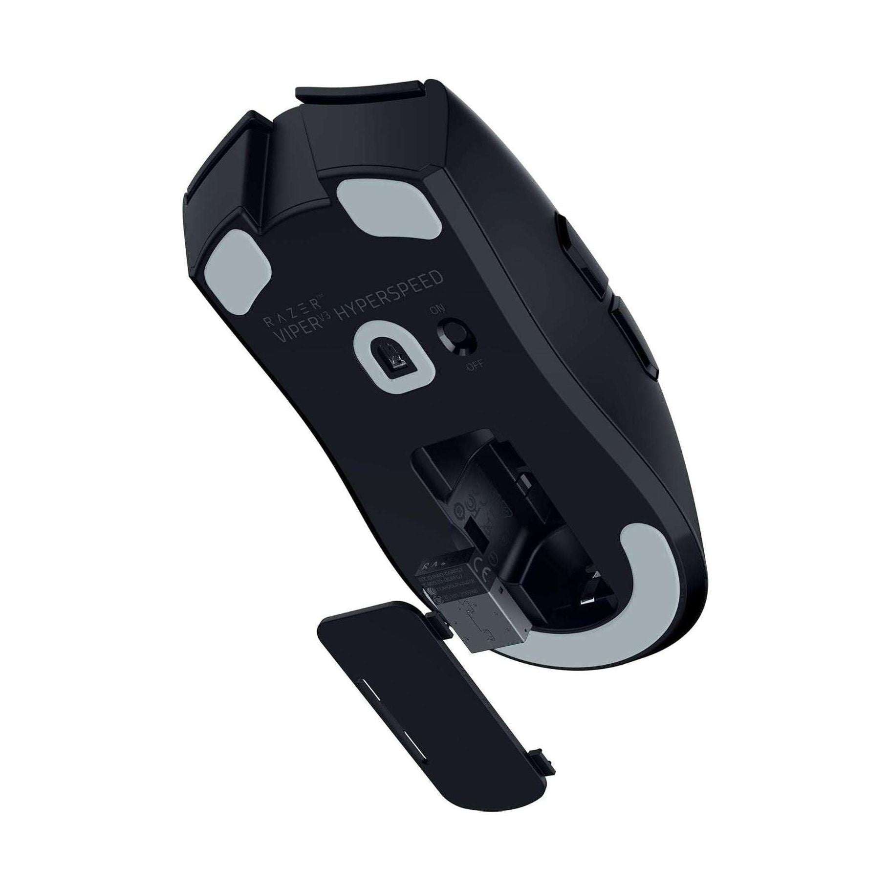 Black gaming mouse underside view with feet and battery door