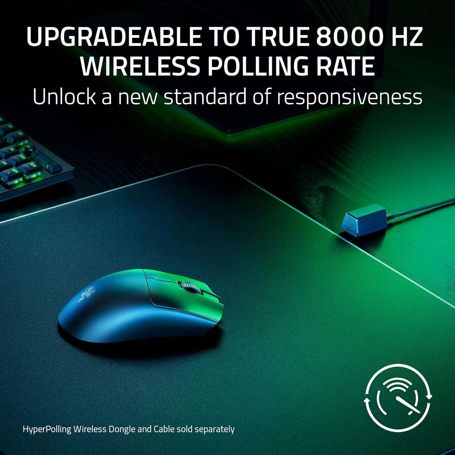 Black gaming mouse on green surface with wireless signal icon and dongle