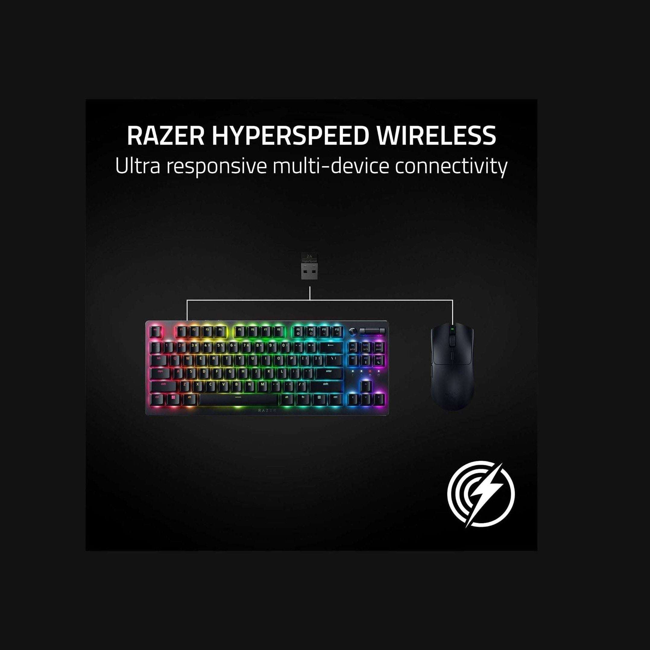 Gaming mouse connected to RGB keyboard illustration with USB dongle