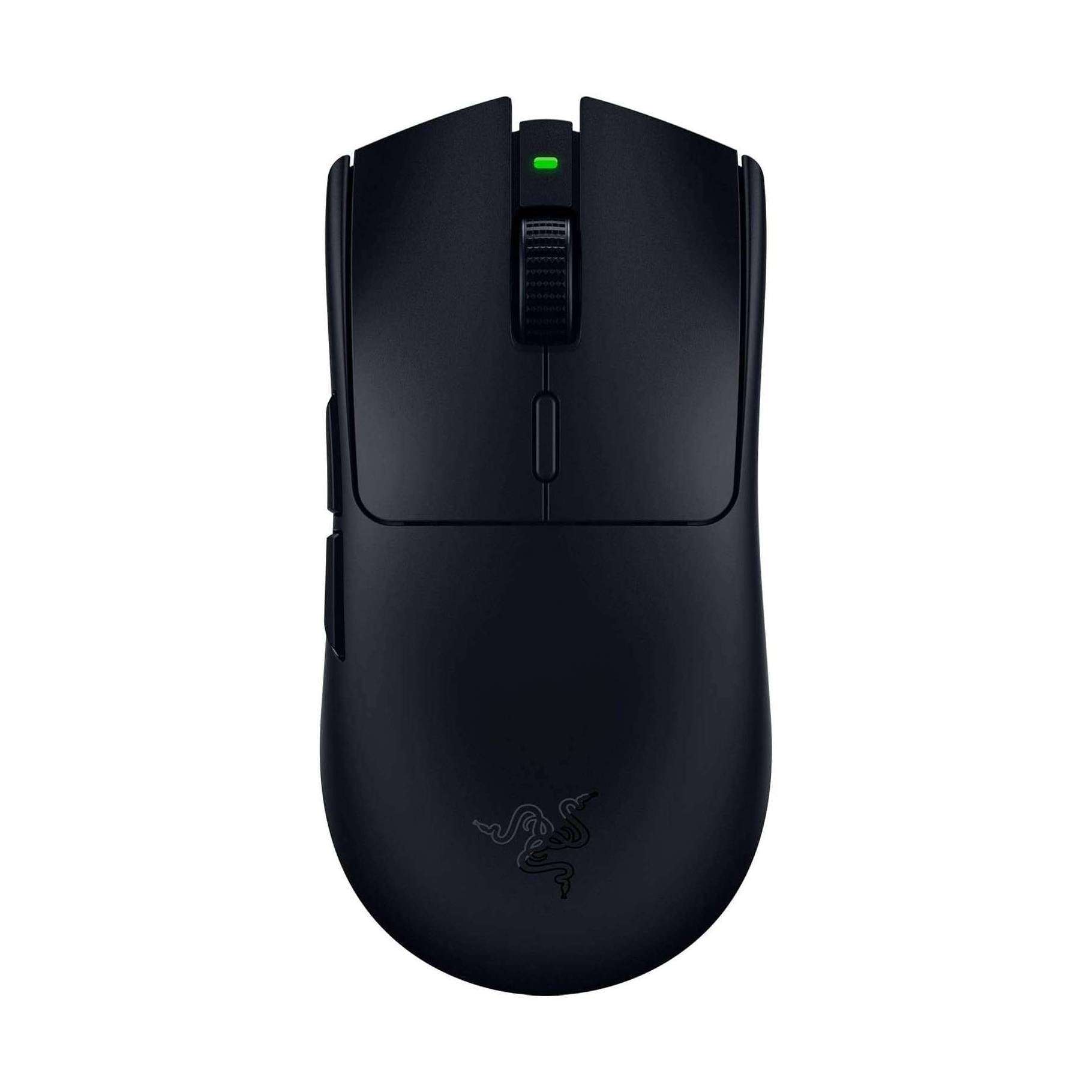 Black wireless gaming mouse, front view with illuminated scroll wheel
