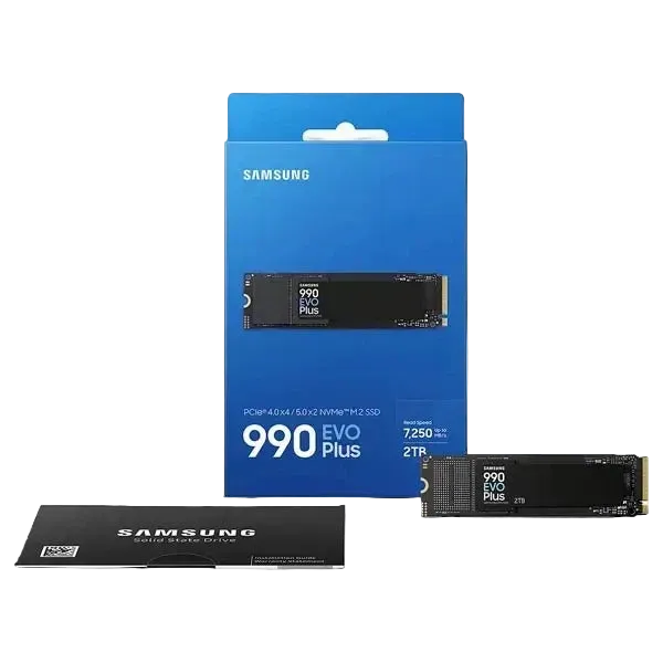 Samsung 990 EVO Plus 2TB NVMe M.2 SSD retail box and drive